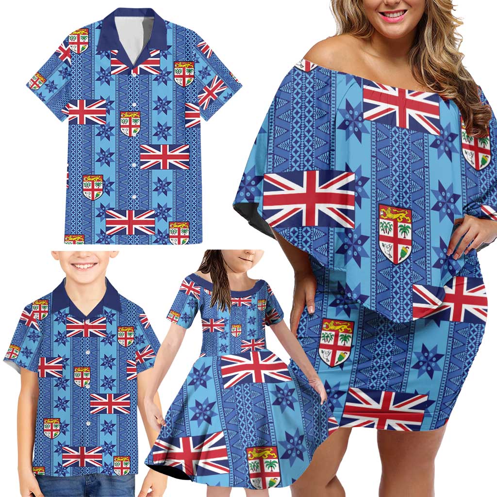 Fiji Masi Tapa Family Matching Off Shoulder Short Dress and Hawaiian Shirt Coat Of Arms LT05 - Polynesian Pride