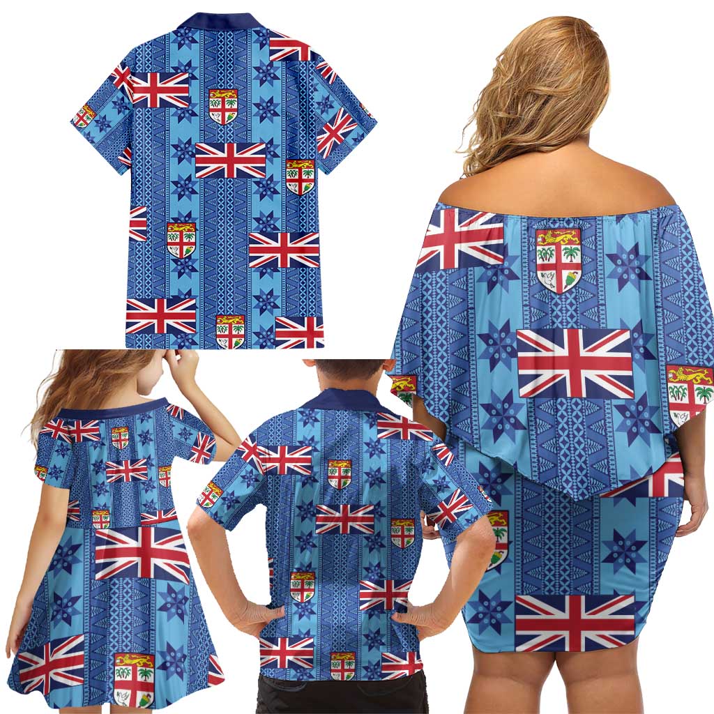 Fiji Masi Tapa Family Matching Off Shoulder Short Dress and Hawaiian Shirt Coat Of Arms LT05 - Polynesian Pride