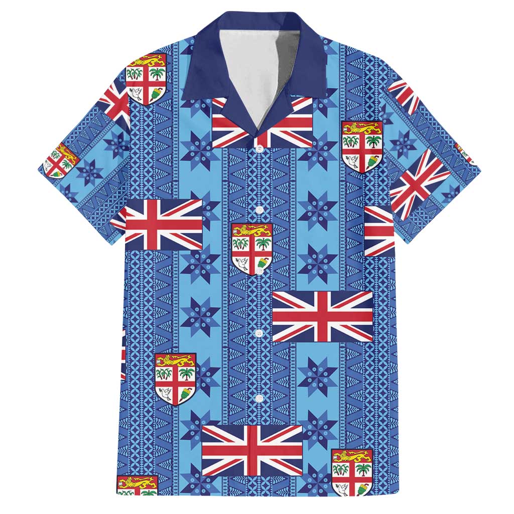 Fiji Masi Tapa Family Matching Off Shoulder Short Dress and Hawaiian Shirt Coat Of Arms LT05 Dad's Shirt - Short Sleeve Blue - Polynesian Pride