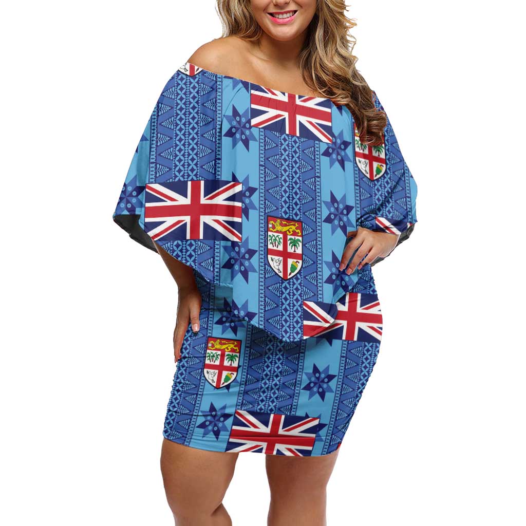 Fiji Masi Tapa Family Matching Off Shoulder Short Dress and Hawaiian Shirt Coat Of Arms LT05 Mom's Dress Blue - Polynesian Pride