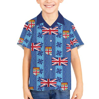 Fiji Masi Tapa Family Matching Off Shoulder Short Dress and Hawaiian Shirt Coat Of Arms LT05 Son's Shirt Blue - Polynesian Pride