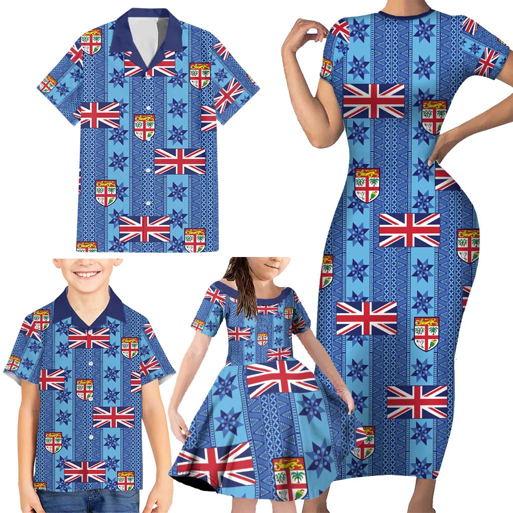 Fiji Masi Tapa Family Matching Short Sleeve Bodycon Dress and Hawaiian Shirt Coat Of Arms LT05 - Polynesian Pride