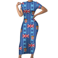 Fiji Masi Tapa Family Matching Short Sleeve Bodycon Dress and Hawaiian Shirt Coat Of Arms LT05 Mom's Dress Blue - Polynesian Pride