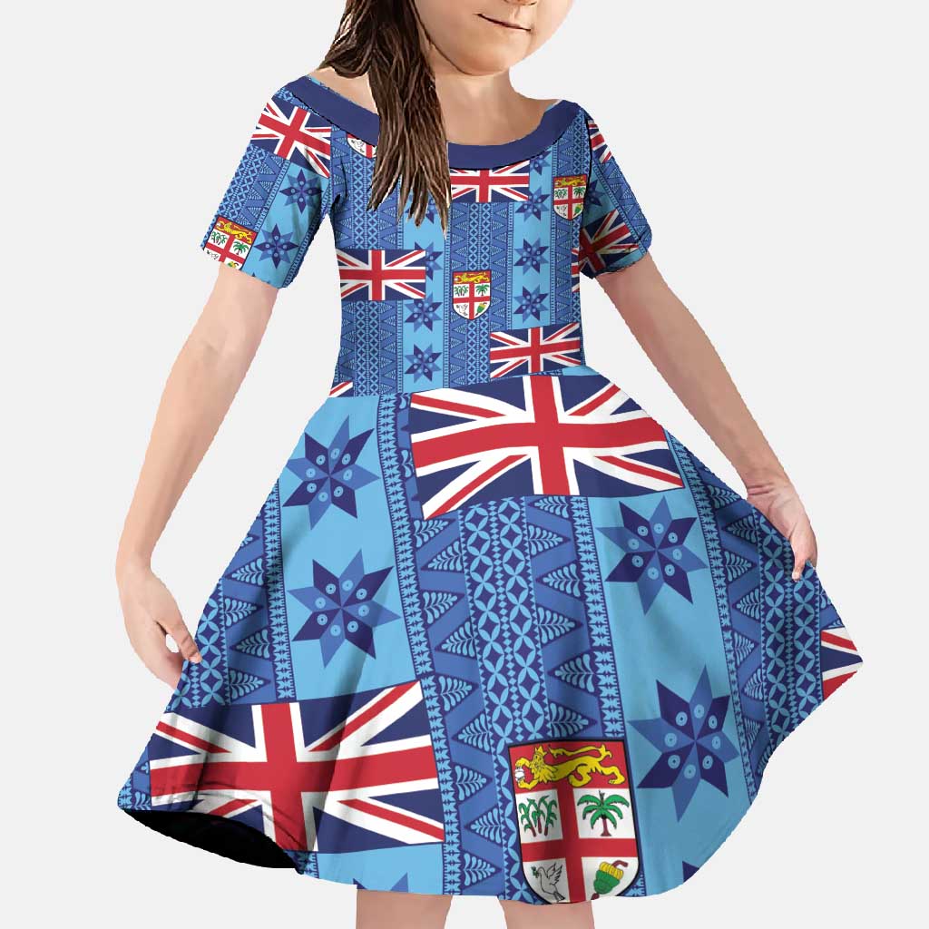 Fiji Masi Tapa Family Matching Tank Maxi Dress and Hawaiian Shirt Coat Of Arms LT05 Daughter's Dress Blue - Polynesian Pride