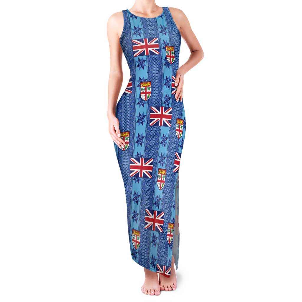 Fiji Masi Tapa Family Matching Tank Maxi Dress and Hawaiian Shirt Coat Of Arms LT05 Mom's Dress Blue - Polynesian Pride