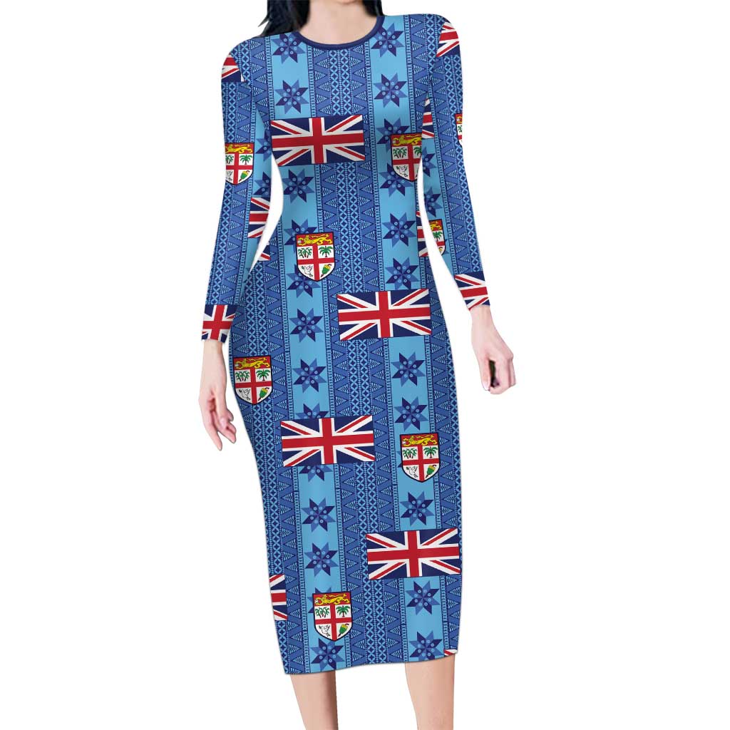 Fiji Masi Tapa Long Sleeve Bodycon Dress Coat Of Arms - Polynesian Pride