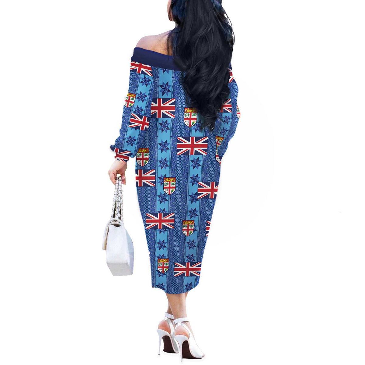 Fiji Masi Tapa Off The Shoulder Long Sleeve Dress Coat Of Arms - Polynesian Pride