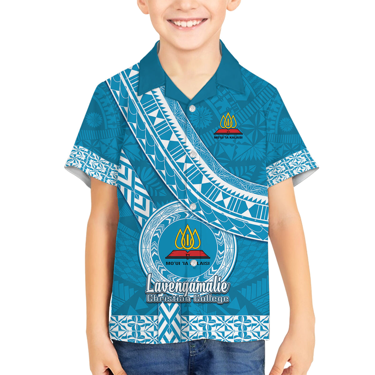 Custom Lavengamalie College Family Matching Long Sleeve Bodycon Dress and Hawaiian Shirt Tongan Kupesi Pattern LT05 Son's Shirt Blue - Polynesian Pride
