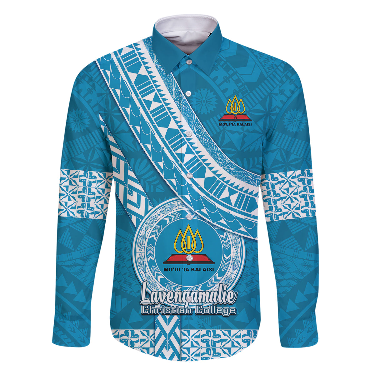 Custom Lavengamalie College Family Matching Off Shoulder Short Dress and Hawaiian Shirt Tongan Kupesi Pattern LT05 Dad's Shirt - Long Sleeve Blue - Polynesian Pride