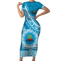Custom Lavengamalie College Family Matching Short Sleeve Bodycon Dress and Hawaiian Shirt Tongan Kupesi Pattern LT05 Mom's Dress Blue - Polynesian Pride