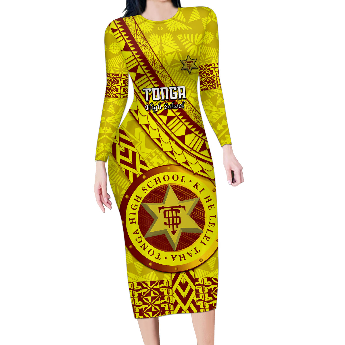 Custom Tonga High School Family Matching Long Sleeve Bodycon Dress and Hawaiian Shirt Tongan Kupesi Pattern LT05 Mom's Dress Yellow - Polynesian Pride