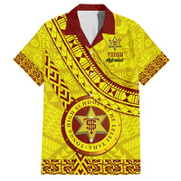 Custom Tonga High School Family Matching Puletasi Dress and Hawaiian Shirt Tongan Kupesi Pattern LT05 Dad's Shirt - Short Sleeve Yellow - Polynesian Pride