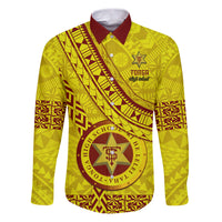 Custom Tonga High School Family Matching Puletasi Dress and Hawaiian Shirt Tongan Kupesi Pattern LT05 Dad's Shirt - Long Sleeve Yellow - Polynesian Pride