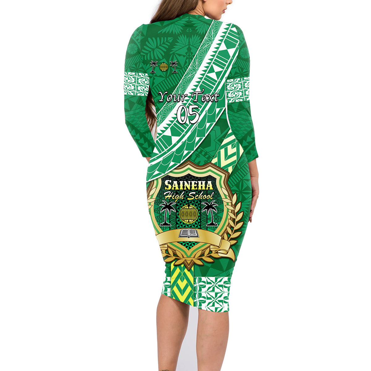 Custom Saineha High School Family Matching Long Sleeve Bodycon Dress and Hawaiian Shirt Tongan Kupesi Pattern LT05 - Polynesian Pride