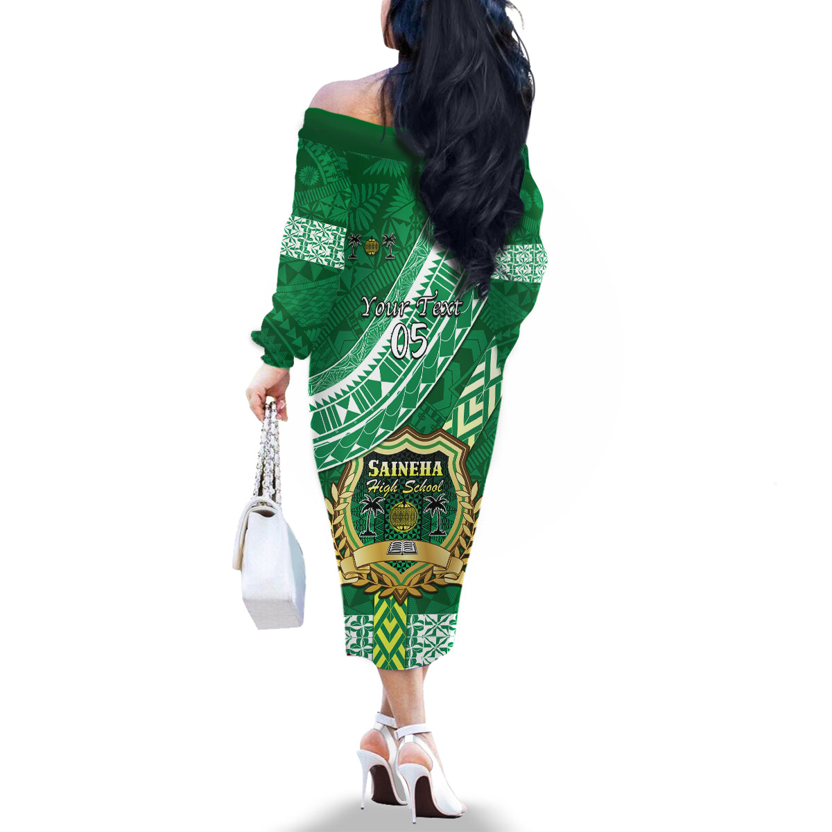 Custom Saineha High School Family Matching Off Shoulder Long Sleeve Dress and Hawaiian Shirt Tongan Kupesi Pattern LT05 - Polynesian Pride