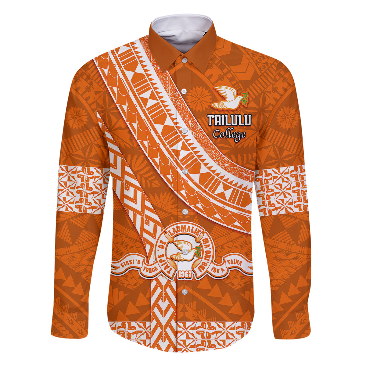 Custom Tailulu College Family Matching Off Shoulder Long Sleeve Dress and Hawaiian Shirt Tongan Kupesi Pattern LT05 Dad's Shirt - Long Sleeve Orange - Polynesian Pride