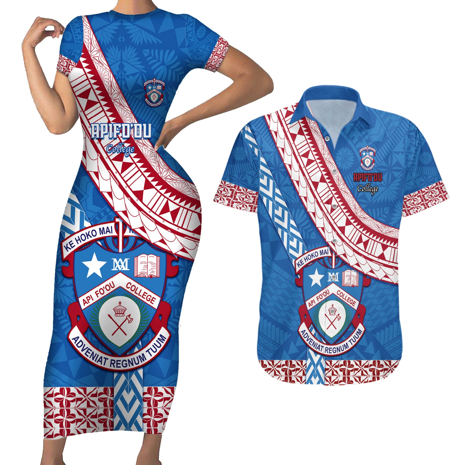 custom-apifoou-college-couples-matching-short-sleeve-bodycon-dress-and-hawaiian-shirt-tongan-kupesi-pattern