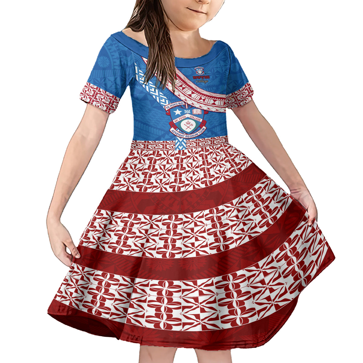 Custom Apifoou College Family Matching Short Sleeve Bodycon Dress and Hawaiian Shirt Tongan Kupesi Pattern LT05 Daughter's Dress Blue - Polynesian Pride