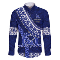 Custom Queen Salote College Family Matching Off Shoulder Short Dress and Hawaiian Shirt Tongan Kupesi Pattern LT05 Dad's Shirt - Long Sleeve Blue - Polynesian Pride