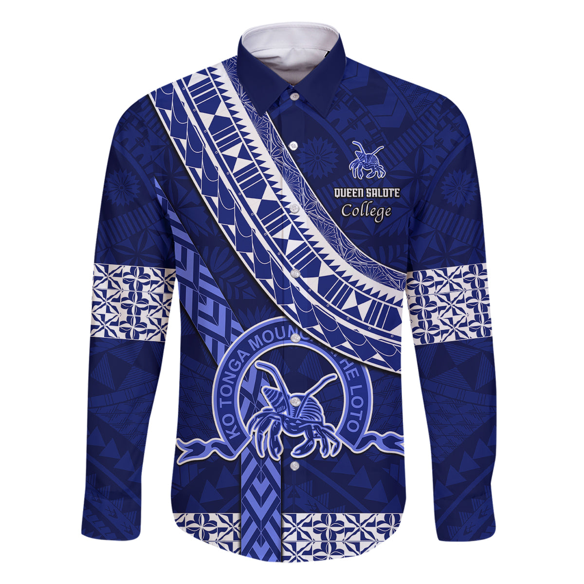 Custom Queen Salote College Family Matching Tank Maxi Dress and Hawaiian Shirt Tongan Kupesi Pattern LT05 Dad's Shirt - Long Sleeve Blue - Polynesian Pride