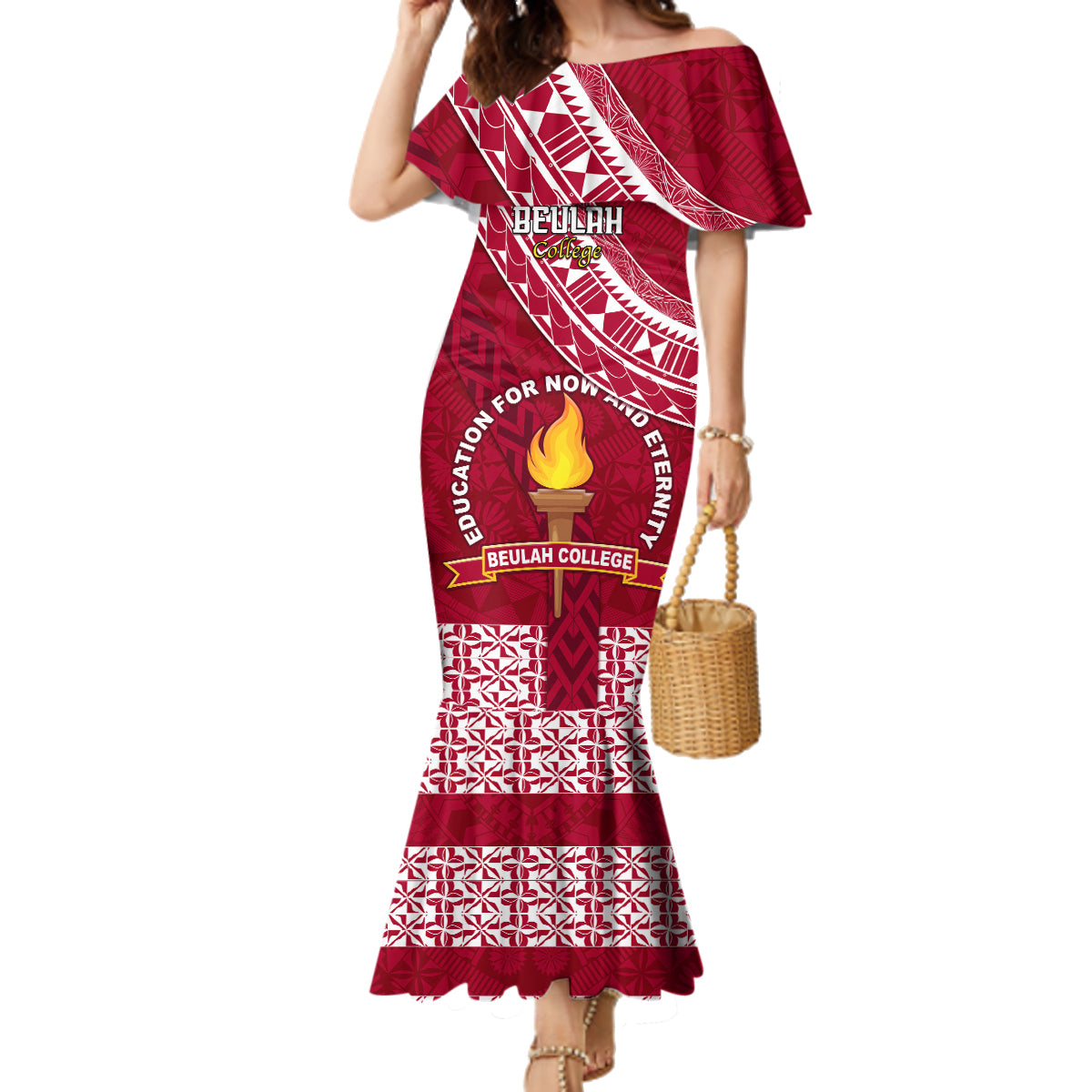 Custom Beulah College Family Matching Mermaid Dress and Hawaiian Shirt Tongan Kupesi Pattern LT05 Mom's Dress Red - Polynesian Pride