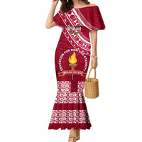 Custom Beulah College Family Matching Mermaid Dress and Hawaiian Shirt Tongan Kupesi Pattern LT05 Mom's Dress Red - Polynesian Pride