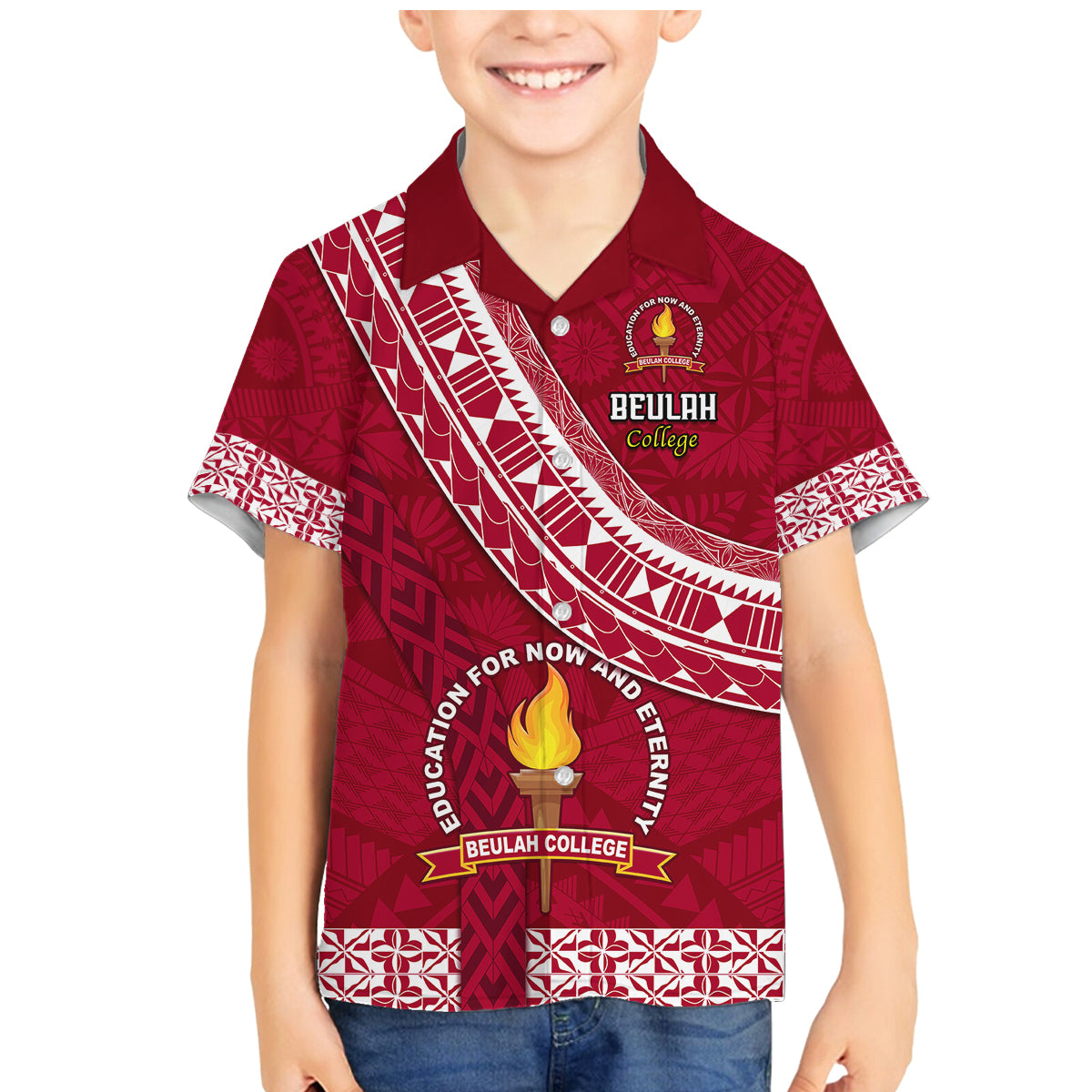 Custom Beulah College Family Matching Mermaid Dress and Hawaiian Shirt Tongan Kupesi Pattern LT05 Son's Shirt Red - Polynesian Pride