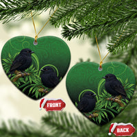 New Zealand Black Robin Ceramic Ornament Karure Maori Koru Art Tattoo LT05 Heart Green - Polynesian Pride