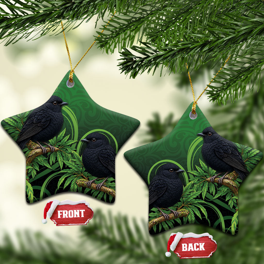 New Zealand Black Robin Ceramic Ornament Karure Maori Koru Art Tattoo LT05 Star Green - Polynesian Pride