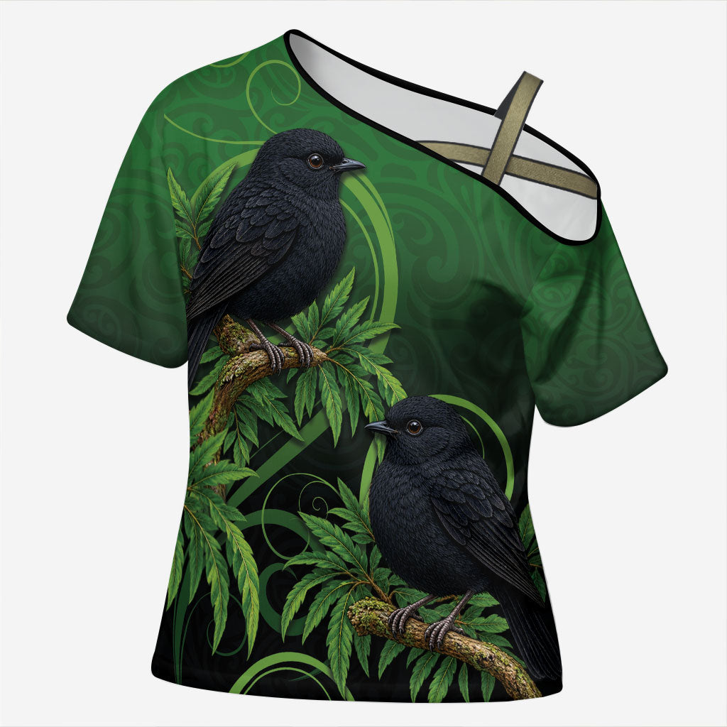 New Zealand Black Robin Cross Shoulder Shirt Karure Maori Koru Art Tattoo LT05 Female Green - Polynesian Pride