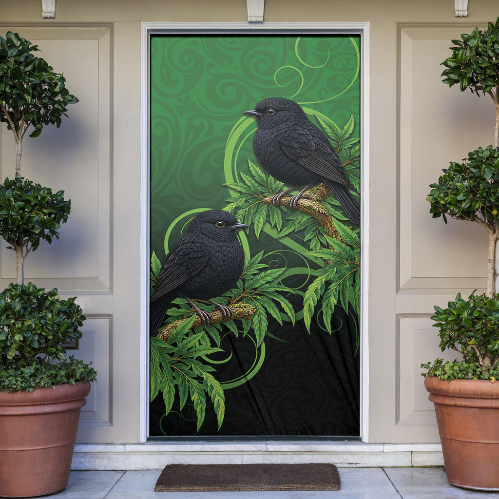 New Zealand Black Robin Door Cover Karure Maori Koru Art Tattoo LT05 Green - Polynesian Pride