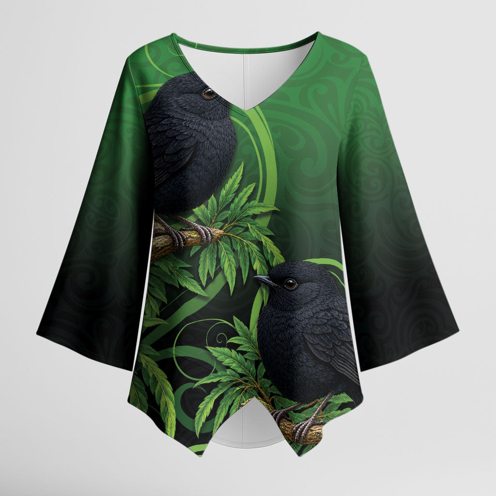 New Zealand Black Robin Kimono Sleeve Blouse Karure Maori Koru Art Tattoo LT05 Female Green - Polynesian Pride