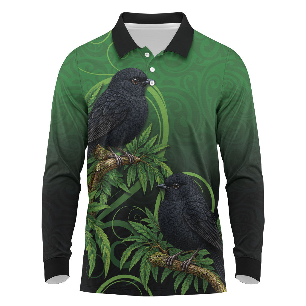 New Zealand Black Robin Long Sleeve Polo Shirt Karure Maori Koru Art Tattoo LT05 Green - Polynesian Pride