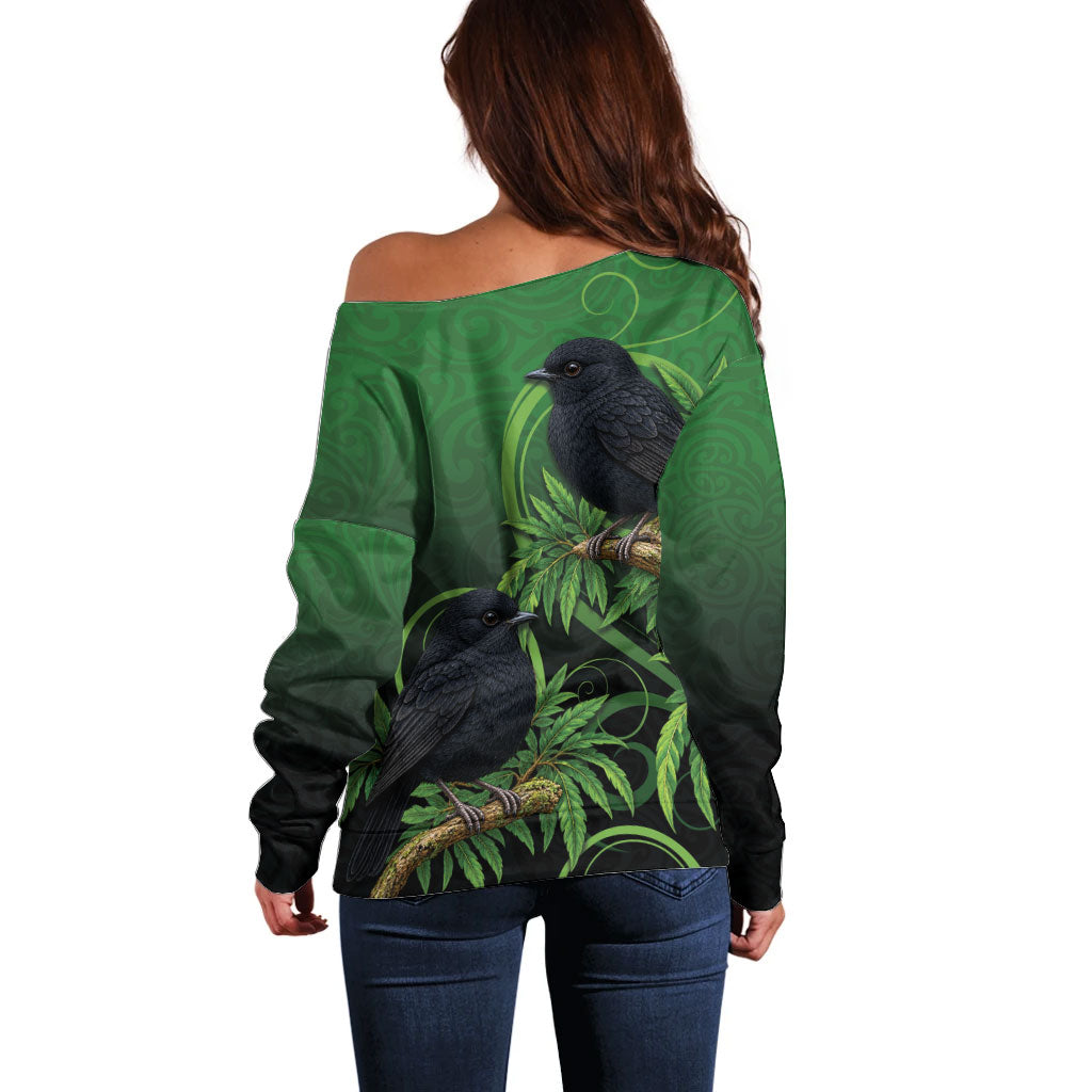 New Zealand Black Robin Off Shoulder Sweater Karure Maori Koru Art Tattoo LT05 - Polynesian Pride