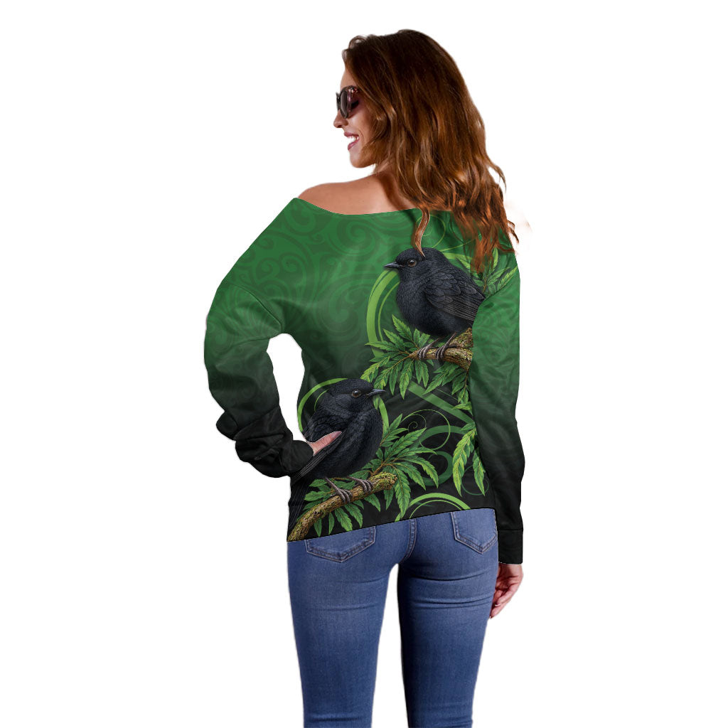 New Zealand Black Robin Off Shoulder Sweater Karure Maori Koru Art Tattoo LT05 - Polynesian Pride