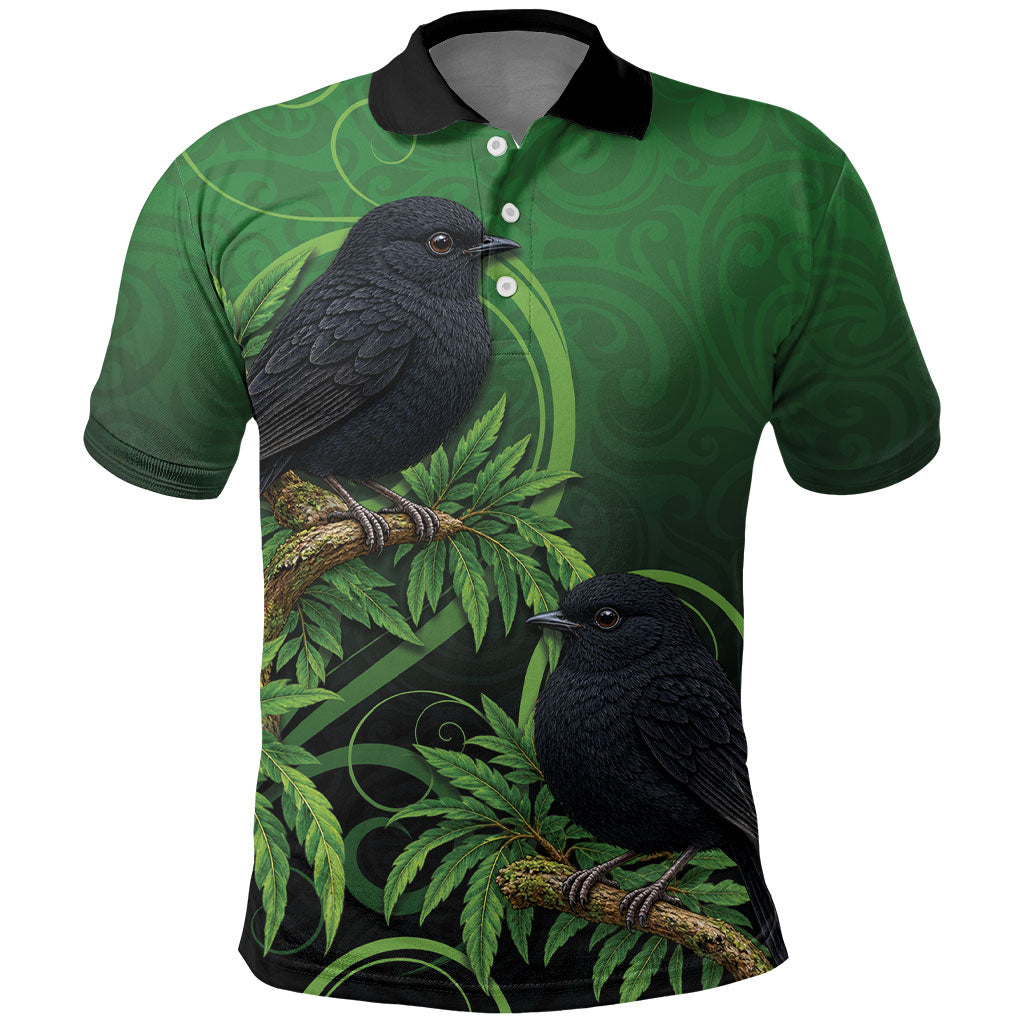 New Zealand Black Robin Polo Shirt Karure Maori Koru Art Tattoo LT05 Green - Polynesian Pride