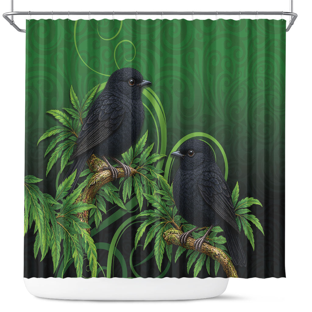 New Zealand Black Robin Shower Curtain Karure Maori Koru Art Tattoo LT05 Green - Polynesian Pride