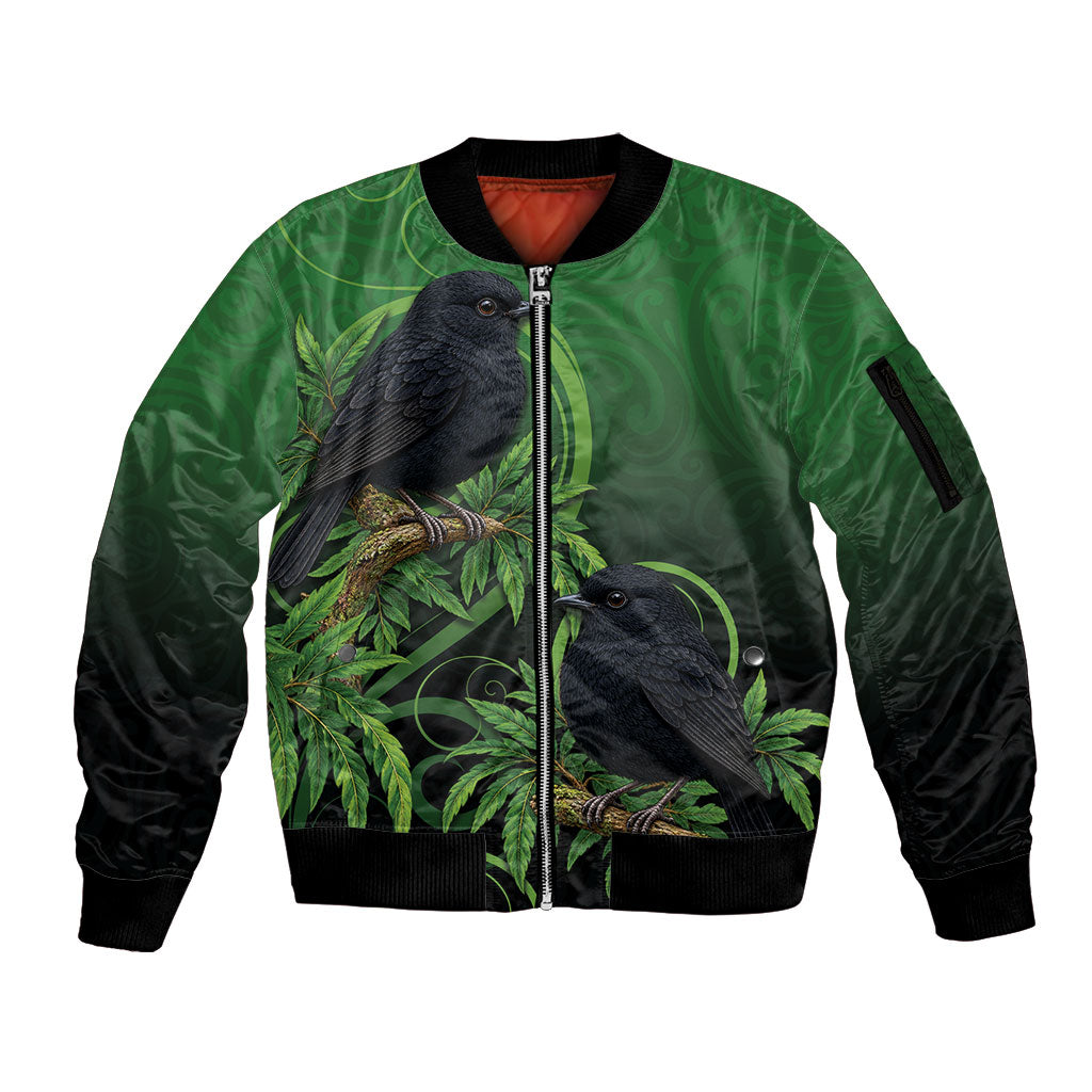 New Zealand Black Robin Sleeve Zip Bomber Jacket Karure Maori Koru Art Tattoo LT05 Unisex Green - Polynesian Pride