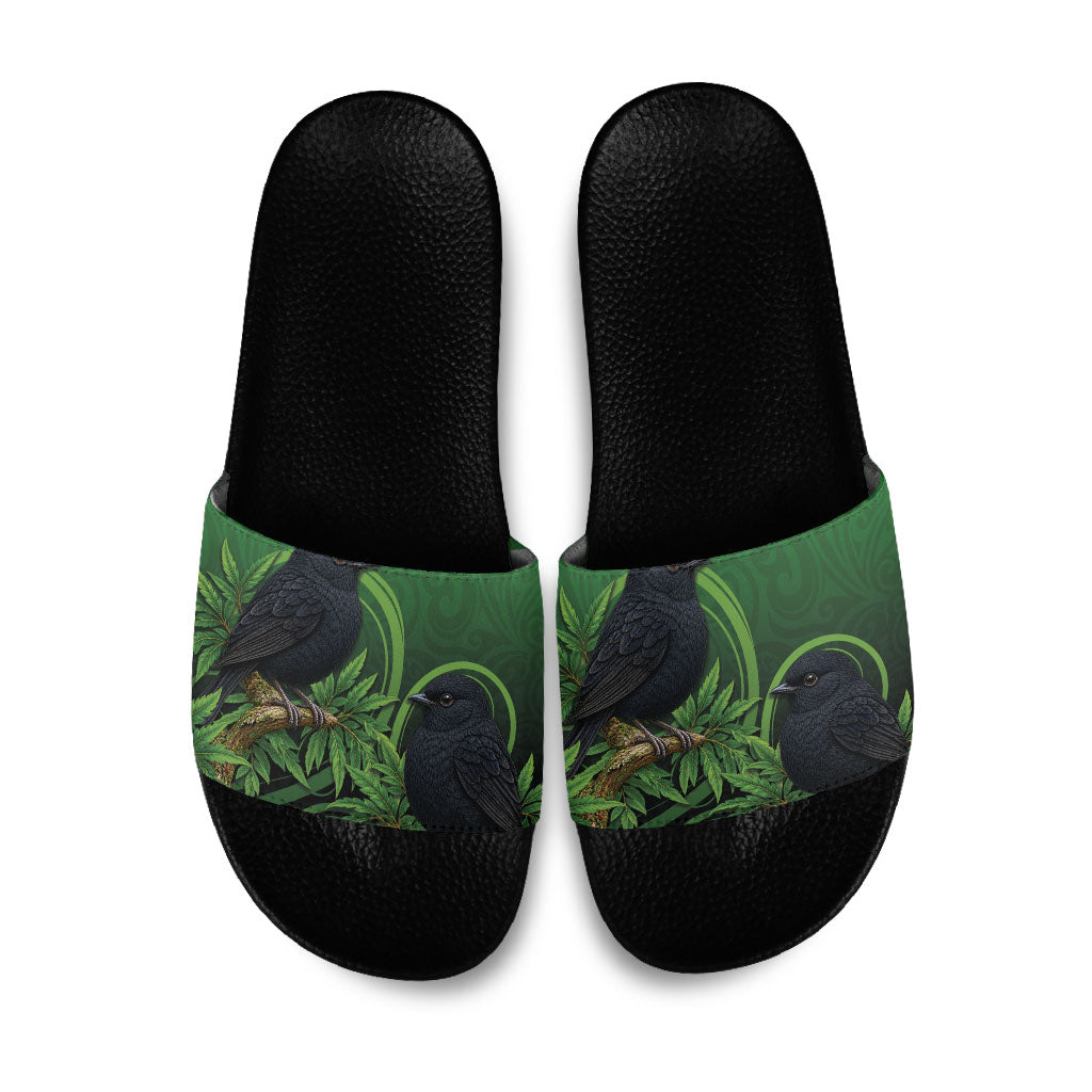 New Zealand Black Robin Slide Sandals Karure Maori Koru Art Tattoo LT05 Green - Polynesian Pride
