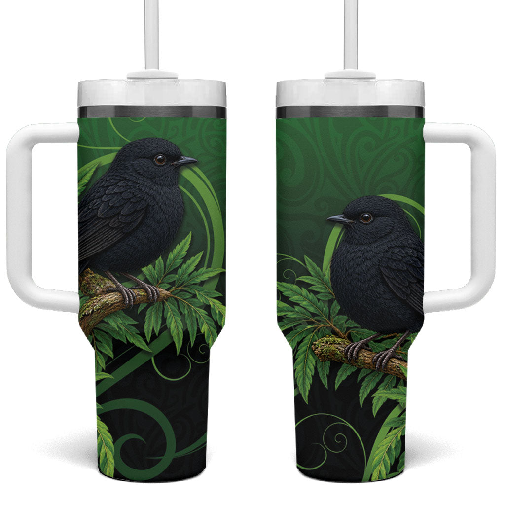 New Zealand Black Robin Tumbler With Handle Karure Maori Koru Art Tattoo LT05 One Size: 40 oz Green - Polynesian Pride