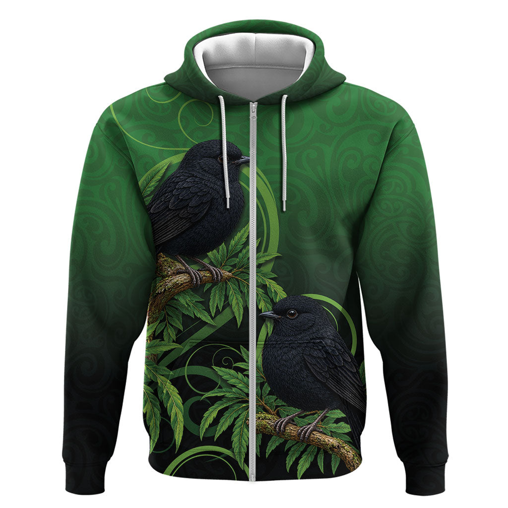 New Zealand Black Robin Zip Hoodie Karure Maori Koru Art Tattoo LT05 Zip Hoodie Green - Polynesian Pride