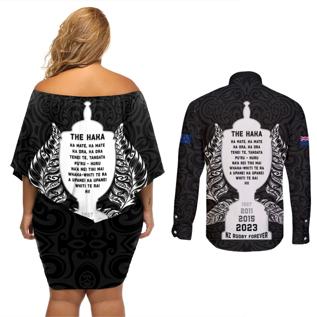 New Zealand Rugby Couples Matching Off Shoulder Short Dress and Long Sleeve Button Shirt The Haka With Champions Cup LT05 - Polynesian Pride