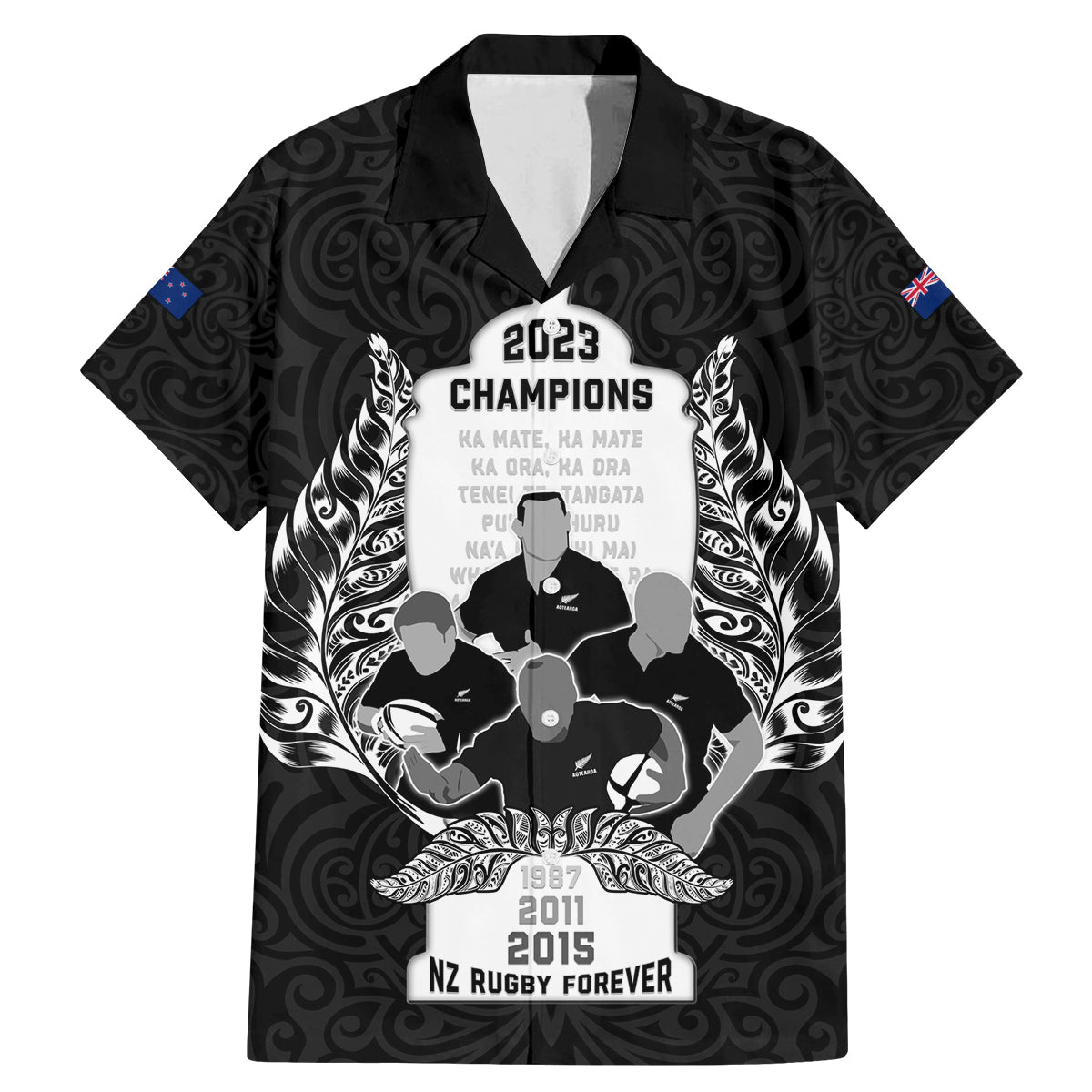 New Zealand Rugby Family Matching Mermaid Dress and Hawaiian Shirt The Haka With Champions Cup LT05 Dad's Shirt - Short Sleeve Black - Polynesian Pride