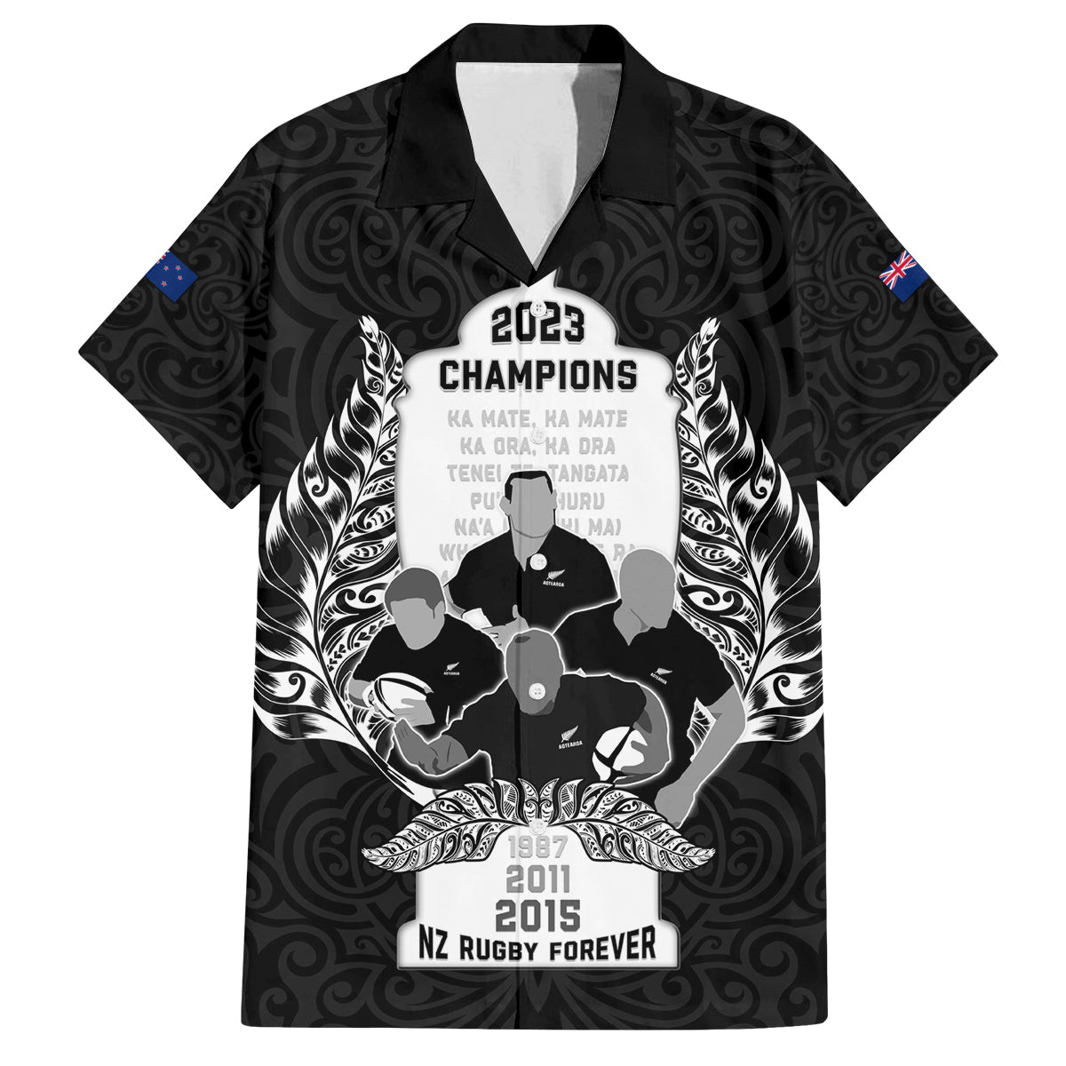 New Zealand Rugby Family Matching Off Shoulder Short Dress and Hawaiian Shirt The Haka With Champions Cup LT05 Dad's Shirt - Short Sleeve Black - Polynesian Pride