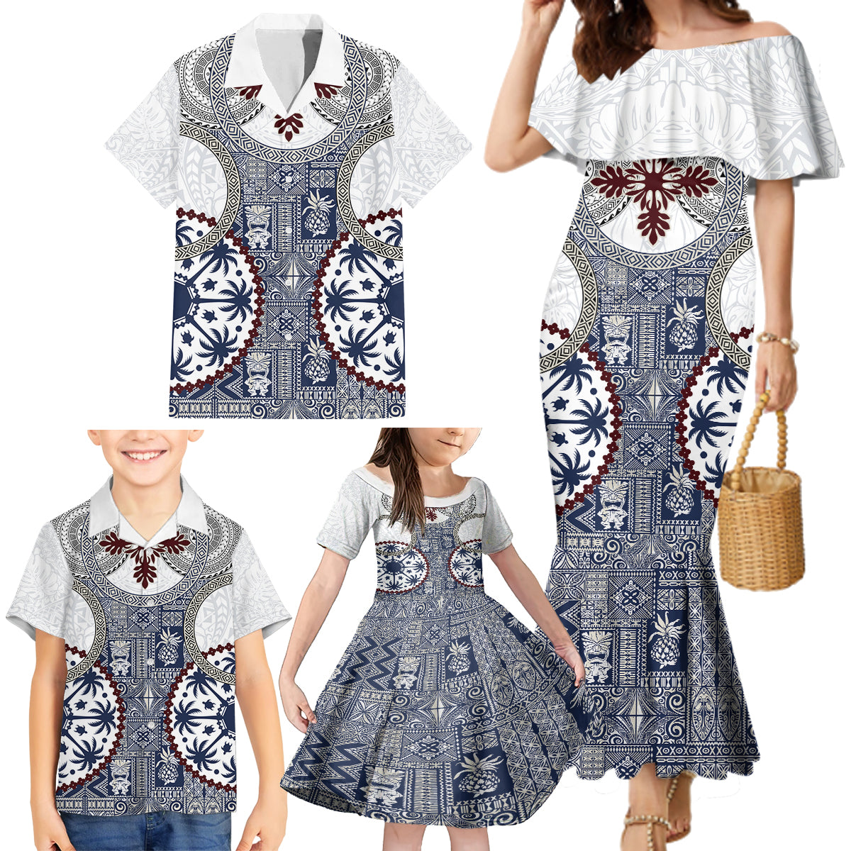 Hawaii Family Matching Mermaid Dress and Hawaiian Shirt Barkcloth Pattern Vintage Style LT05 - Polynesian Pride
