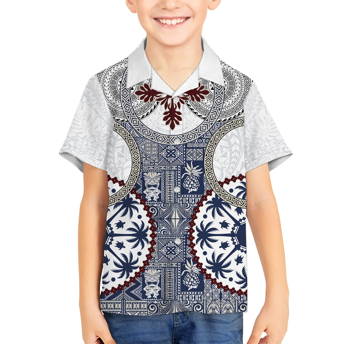 Hawaii Family Matching Puletasi and Hawaiian Shirt Barkcloth Pattern Vintage Style LT05 Son's Shirt Blue - Polynesian Pride