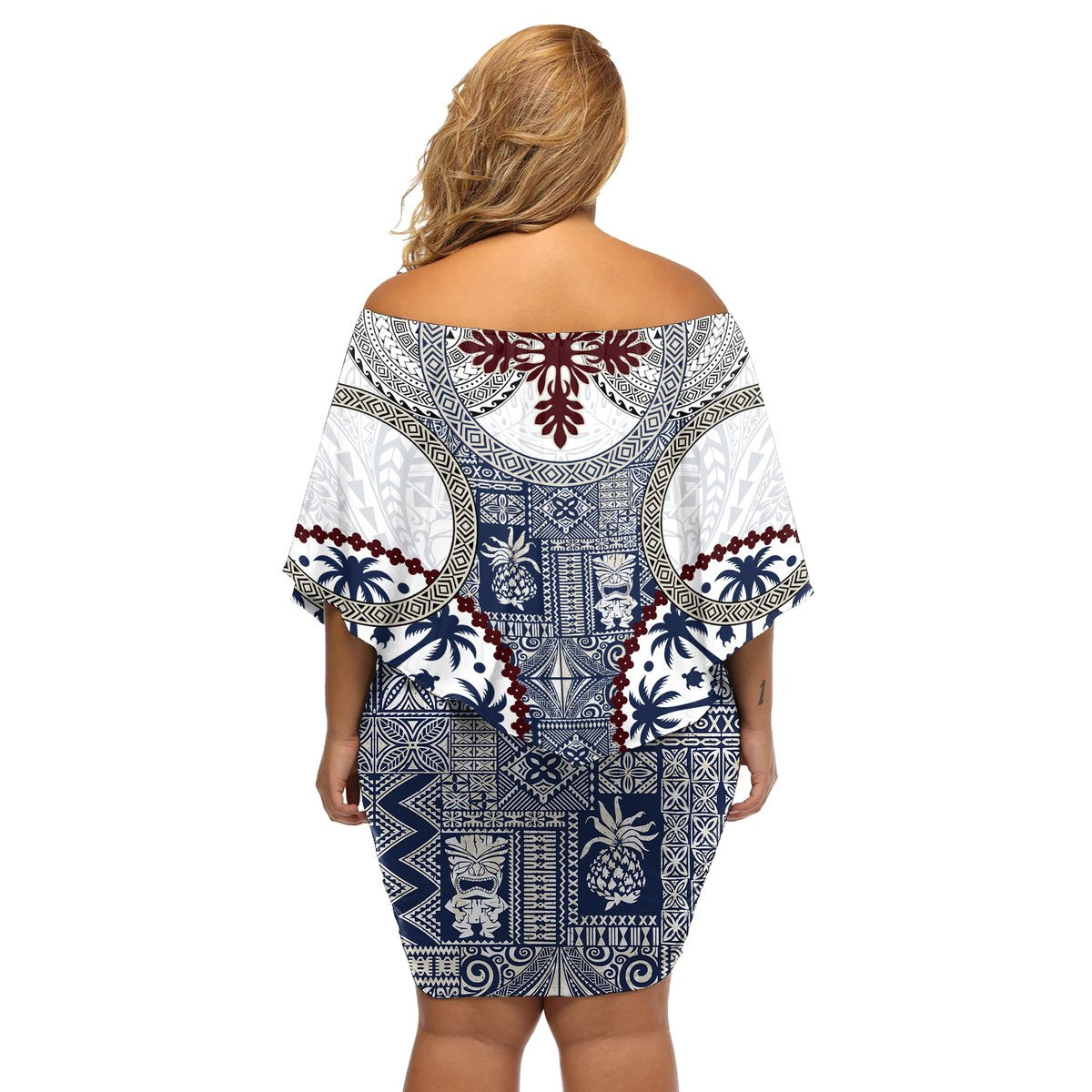 Hawaii Off Shoulder Short Dress Barkcloth Pattern Vintage Style LT05 - Polynesian Pride