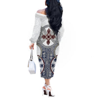 Hawaii Off The Shoulder Long Sleeve Dress Barkcloth Pattern Vintage Style LT05 - Polynesian Pride
