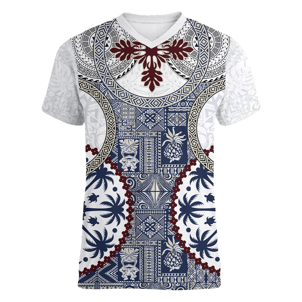 Hawaii Women V Neck T Shirt Barkcloth Pattern Vintage Style LT05 Female Blue - Polynesian Pride
