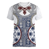 Hawaii Women V Neck T Shirt Barkcloth Pattern Vintage Style LT05 Female Blue - Polynesian Pride